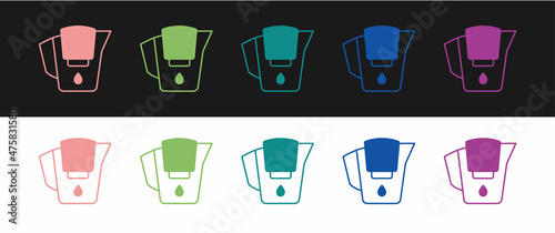 Set Water jug with a filter icon isolated on black and white background. Vector