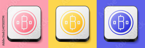 Isometric Cryptocurrency coin Bitcoin icon isolated on pink, yellow and blue background. Physical bit coin. Blockchain based secure crypto currency. Square button. Vector