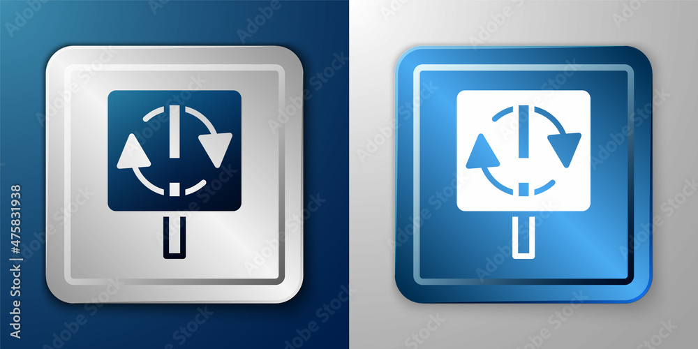 White Recycle symbol icon isolated on blue and grey background. Circular arrow icon. Environment recyclable go green. Silver and blue square button. Vector White Recycle symbol icon isolated on blue and grey background. Circular arrow icon. Environment recyclable go green. Silver and blue square button. Vector
