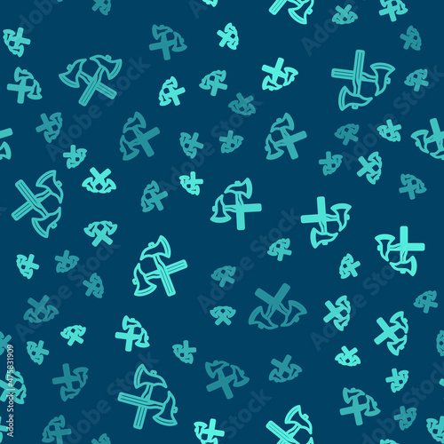 Green line Firefighter axe icon isolated seamless pattern on blue background. Fire axe. Vector