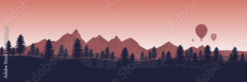 sunrise morning at mountain landscape flat design with forest silhouette good for web banner, blog banner, wallpaper, background template, adventure design, tourism poster design, backdrop design	