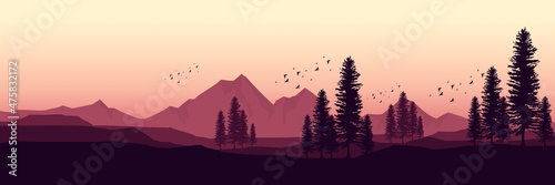 sunrise mountain landscape flat design with forest silhouette good for web banner  blog banner  wallpaper  background template  adventure design  tourism poster design  backdrop design 