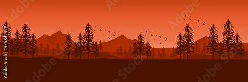 sunset mountain landscape flat design with forest silhouette good for web banner, blog banner, wallpaper, background template, adventure design, tourism poster design, backdrop design 