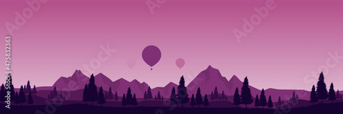 flying hot air balloon at mountain landscape flat design with forest silhouette good for web banner, blog banner, wallpaper, background template, tourism poster design, backdrop design