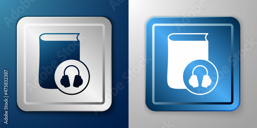 White Audio book icon isolated on blue and grey background. Book with headphones. Audio guide sign. Online learning concept. Silver and blue square button. Vector