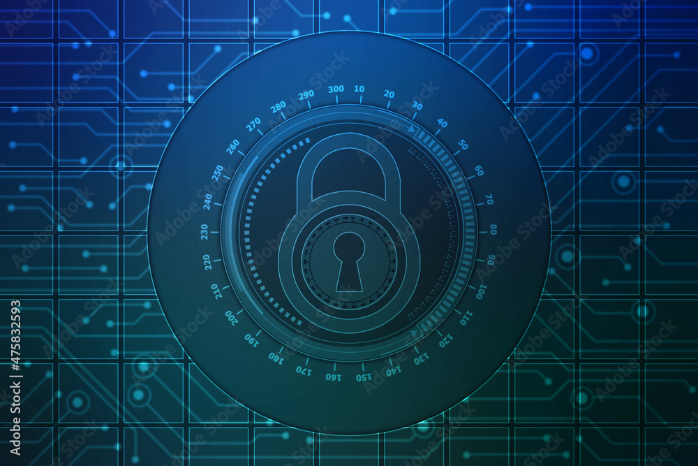 Obraz premium Digital Padlock on abstract technology background, Technology security concept. Modern safety digital background. Protection system, Cyber Security and safety information, personal data concept.