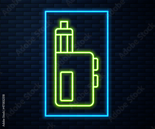 Glowing neon line Vape mod device icon isolated on brick wall background. Vape smoking tool. Vaporizer Device. Vector