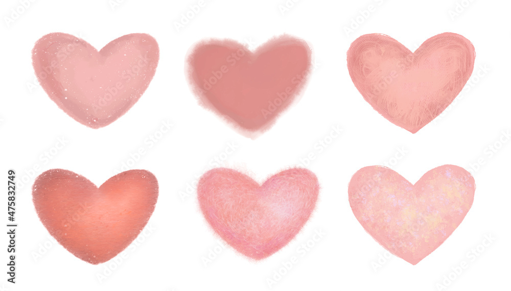 Hand drawn stylized hearts. Pink hearts with different textures Hand drawn stylized hearts. Pink hearts with different textures