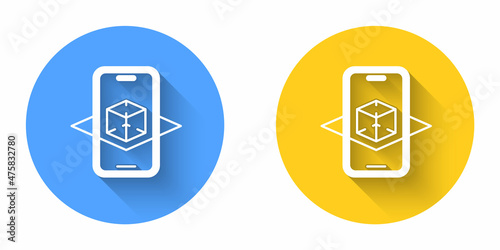 White 3d modeling icon isolated with long shadow background. Augmented reality or virtual reality. Circle button. Vector