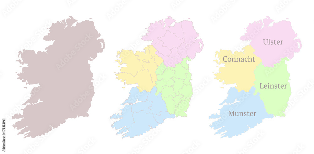 Provinces of Ireland map. Detailed outline and silhouette. Administrative divisions and counties. Set of vector maps. All isolated on white background. Template for design and infographics.