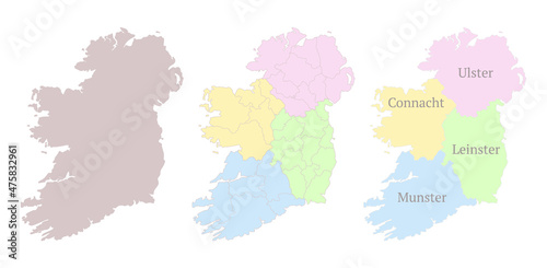 Provinces of Ireland map. Detailed outline and silhouette. Administrative divisions and counties. Set of vector maps. All isolated on white background. Template for design and infographics. photo