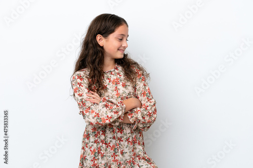 Little caucasian girl isolated on white background happy and smiling