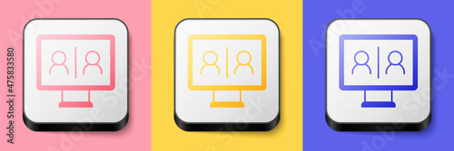 Isometric Video chat conference icon isolated on pink, yellow and blue background. Online meeting work form home. Remote project management. Square button. Vector