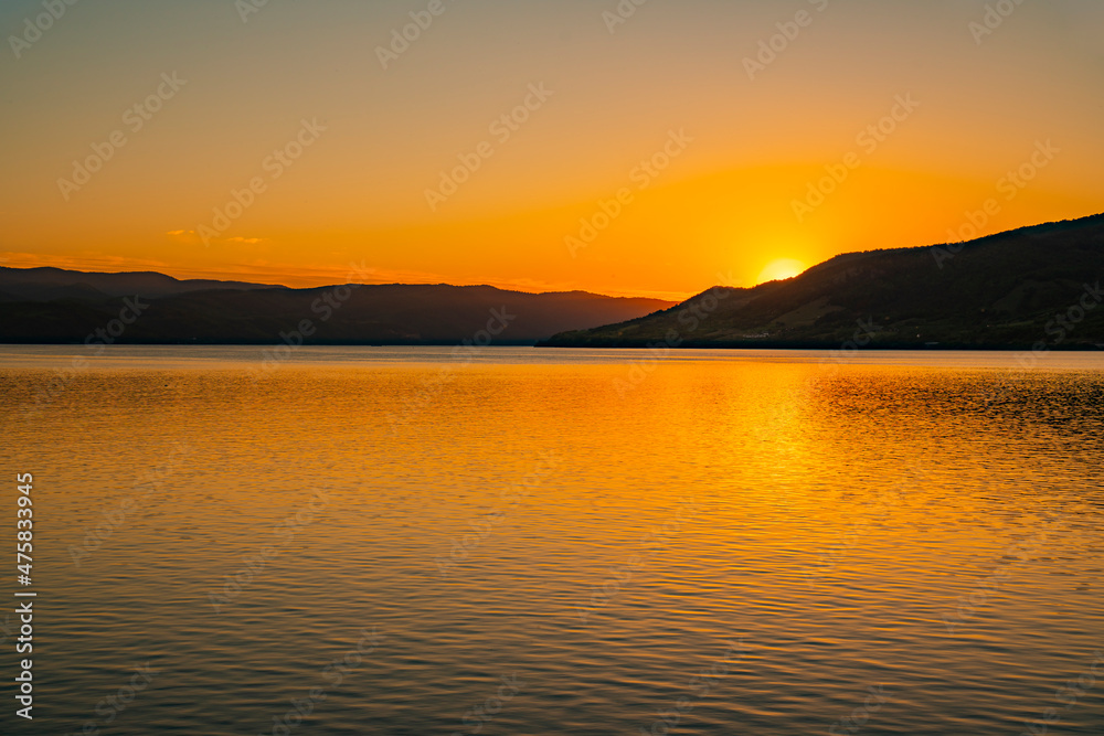 Sunset on Danube gorge at Djerdap in Serbia