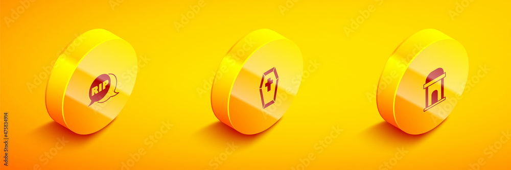 Set Isometric Speech bubble rip death, Coffin with cross and Old crypt icon. Vector Set Isometric Speech bubble rip death, Coffin with cross and Old crypt icon. Vector
