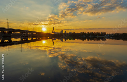 Sunset view Pivnichnyi Northern Bridge on river in Kyiv, Ukraine © nomadphotography