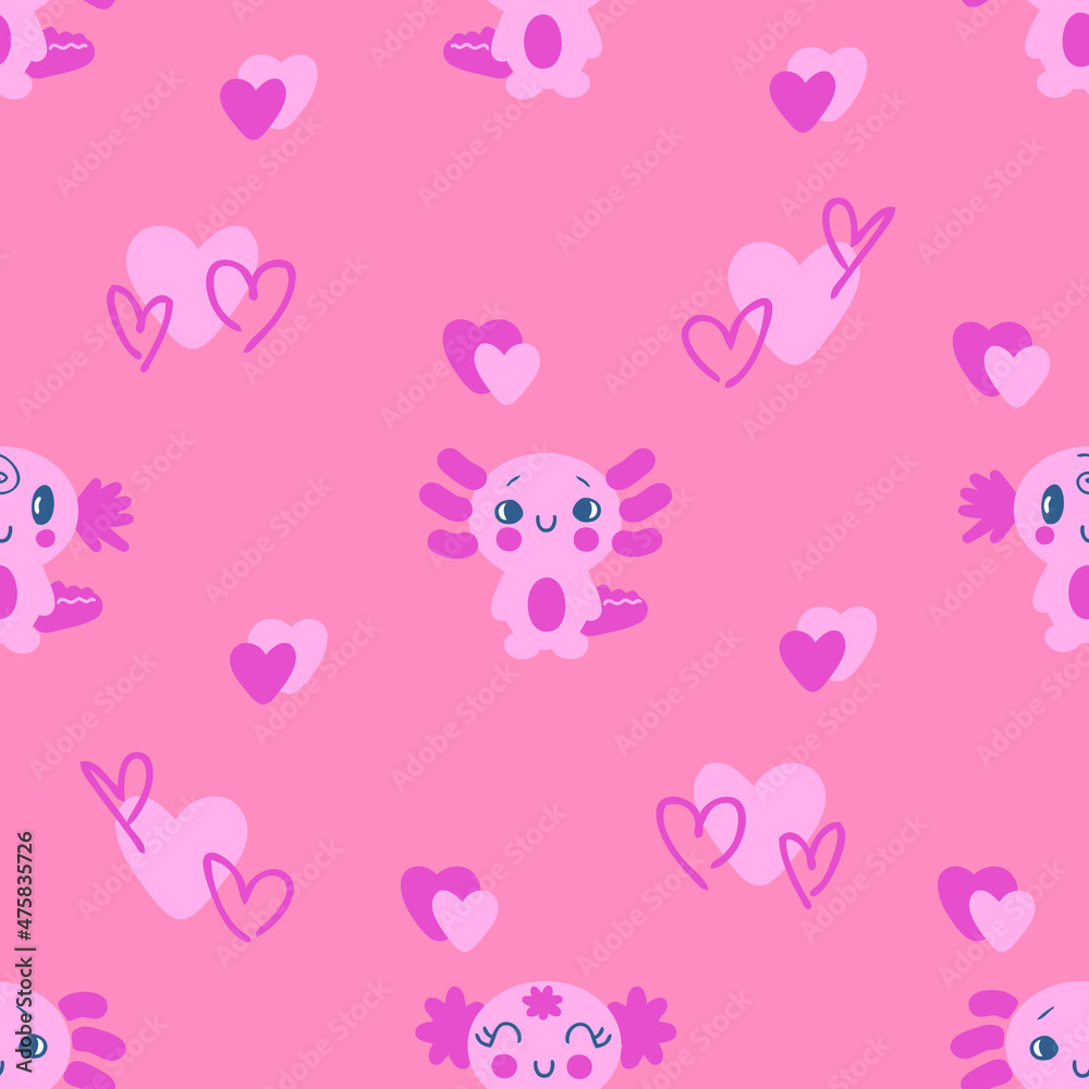 Romantic valentine seamless pattern with axolotls and hearts. Perfect for T-shirt, textile and print. Hand drawn vector illustration for decor and design.
