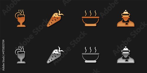 Set Mulled wine, Carrot, Bowl of hot soup and Autumn clothes icon. Vector © Kostiantyn