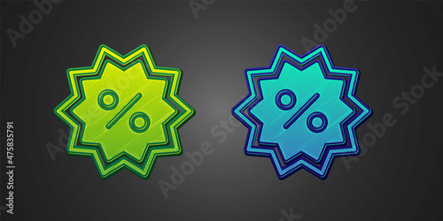 Green and blue Discount percent tag icon isolated on black background. Shopping tag sign. Special offer sign. Discount coupons symbol. Vector