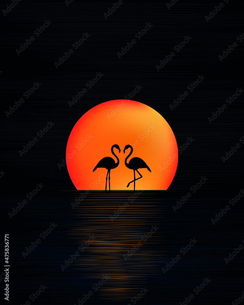 Flamingos on the background of a colorful sunset, sunset behind the sea