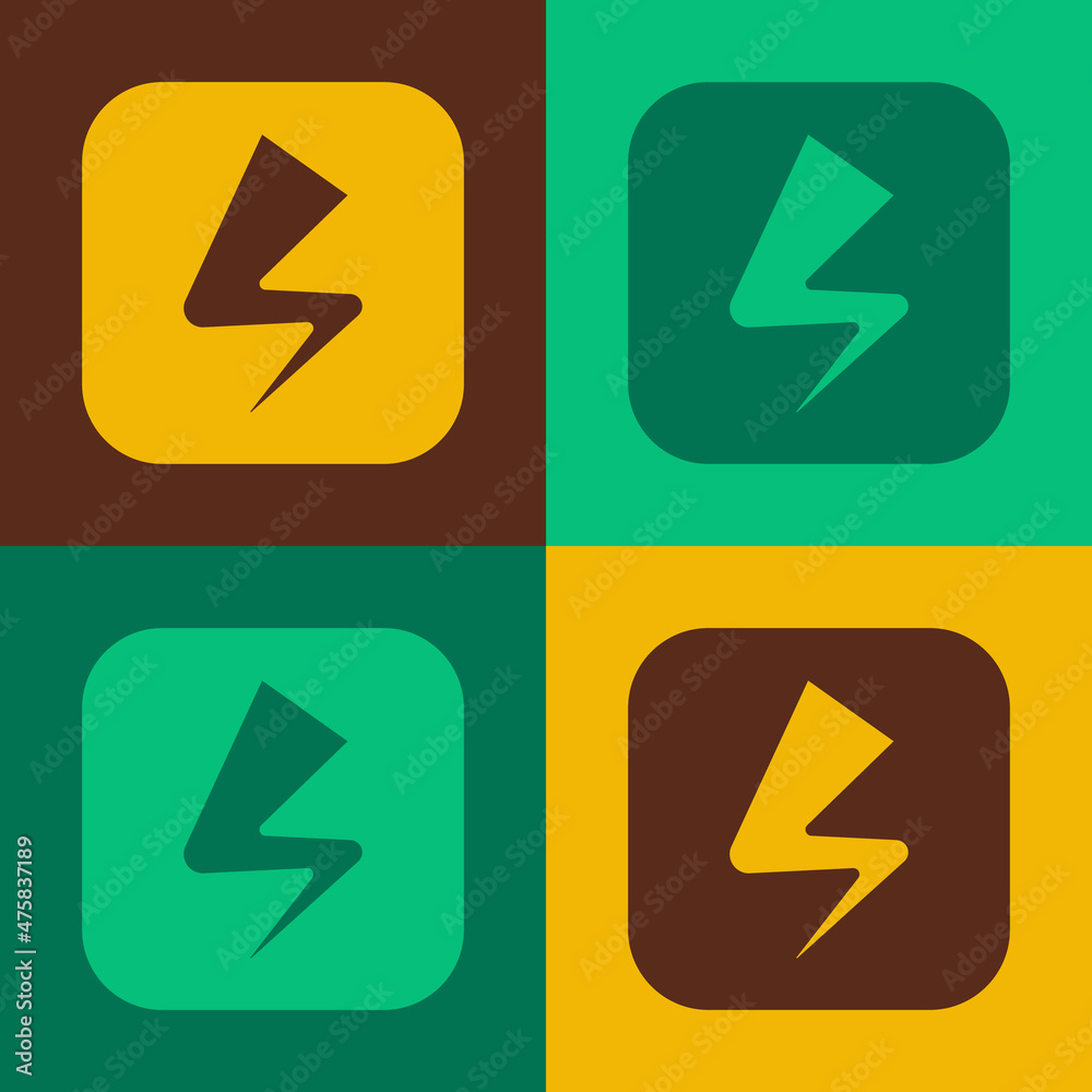 Pop art Lightning bolt icon isolated on color background. Flash sign. Charge flash icon. Thunder bolt. Lighting strike. Vector Pop art Lightning bolt icon isolated on color background. Flash sign. Charge flash icon. Thunder bolt. Lighting strike. Vector