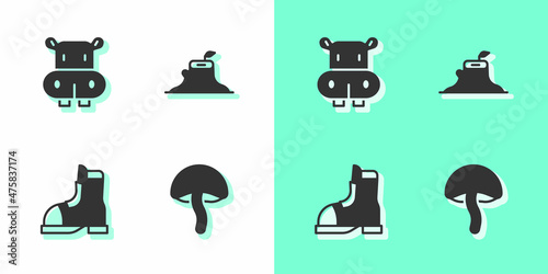 Set Mushroom, Hippo or Hippopotamus, Hunter boots and Tree stump icon. Vector