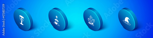 Set Isometric Medieval goblet, Magic stone, Witch hat and Sword in the icon. Vector