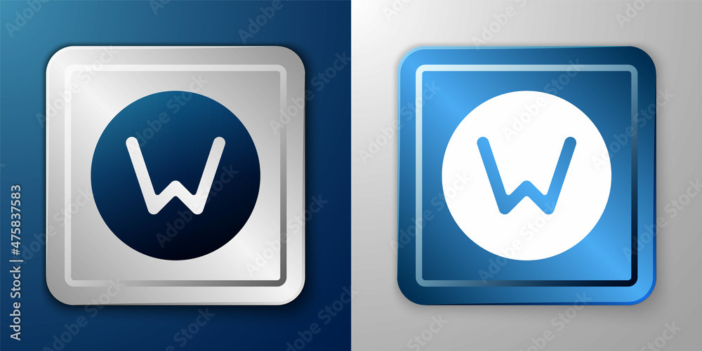 White Compass north icon isolated on blue and grey background. Windrose navigation symbol. Wind rose sign. Silver and blue square button. Vector White Compass north icon isolated on blue and grey background. Windrose navigation symbol. Wind rose sign. Silver and blue square button. Vector