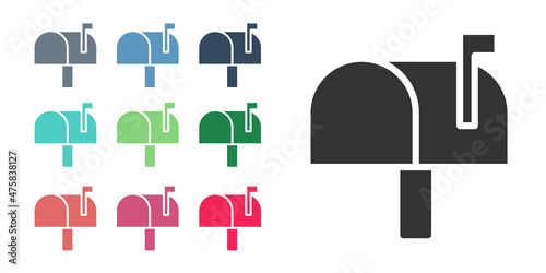 Black Mail box icon isolated on white background. Mailbox icon. Mail postbox on pole with flag. Set icons colorful. Vector
