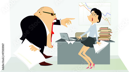 Angry boss and employee woman illustration. 
Angry chief scolds his frightened employee woman illustration
