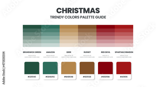 Christmast color schemes. Color Trend combination and palette guide. Example table color shades in RGB and HEX. Color swatch for fashion, home, interiors design 2022. Colour chart idea vector.
