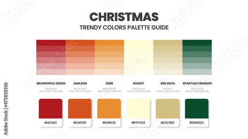Christmast color schemes. Color Trend combination and palette guide. Example table color shades in RGB and HEX. Color swatch for fashion, home, interiors design 2022. Colour chart idea vector.