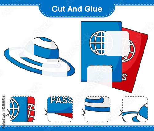 Cut and glue, cut parts of Summer Hat, Passport and glue them. Educational children game, printable worksheet, vector illustration