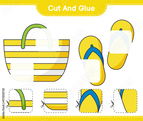 Cut and glue, cut parts of Beach Bag, Flip Flop and glue them. Educational children game, printable worksheet, vector illustration