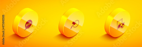 Set Isometric Bid, Auction hammer and painting icon. Vector