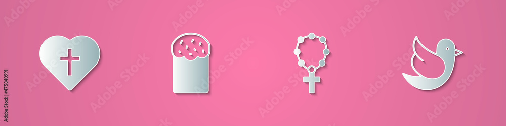 Obraz premium Set paper cut Christian cross in heart, Easter cake, Rosary beads religion and Dove icon. Paper art style. Vector