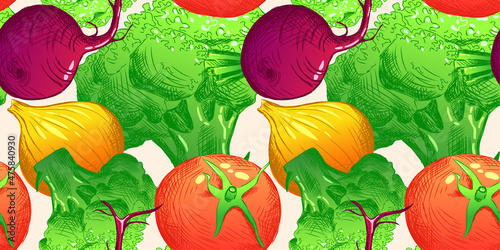 Seamless pattern of broccoli, beetroot, onion in bright colors. Illustration for advertising, packaging or publishing recipes. Culinary illustration of vegetables