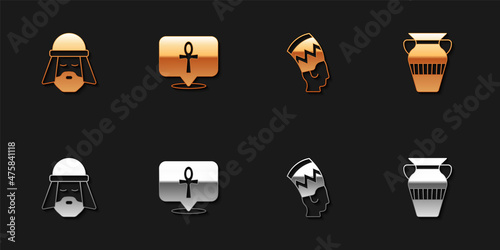 Set Egyptian man, Cross ankh, Nefertiti and vase icon. Vector