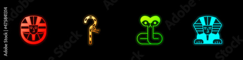 Set Egyptian pharaoh, Crook, Snake and Sphinx icon. Vector