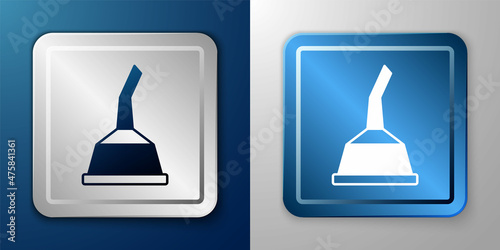 White Canister for motor machine oil icon isolated on blue and grey background. Oil gallon. Oil change service and repair. Silver and blue square button. Vector