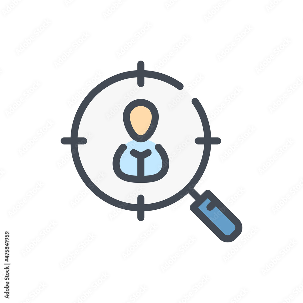 Target audience search color line icon. Target magnifier with person inside vector outline colorful sign. Target audience search color line icon. Target magnifier with person inside vector outline colorful sign.