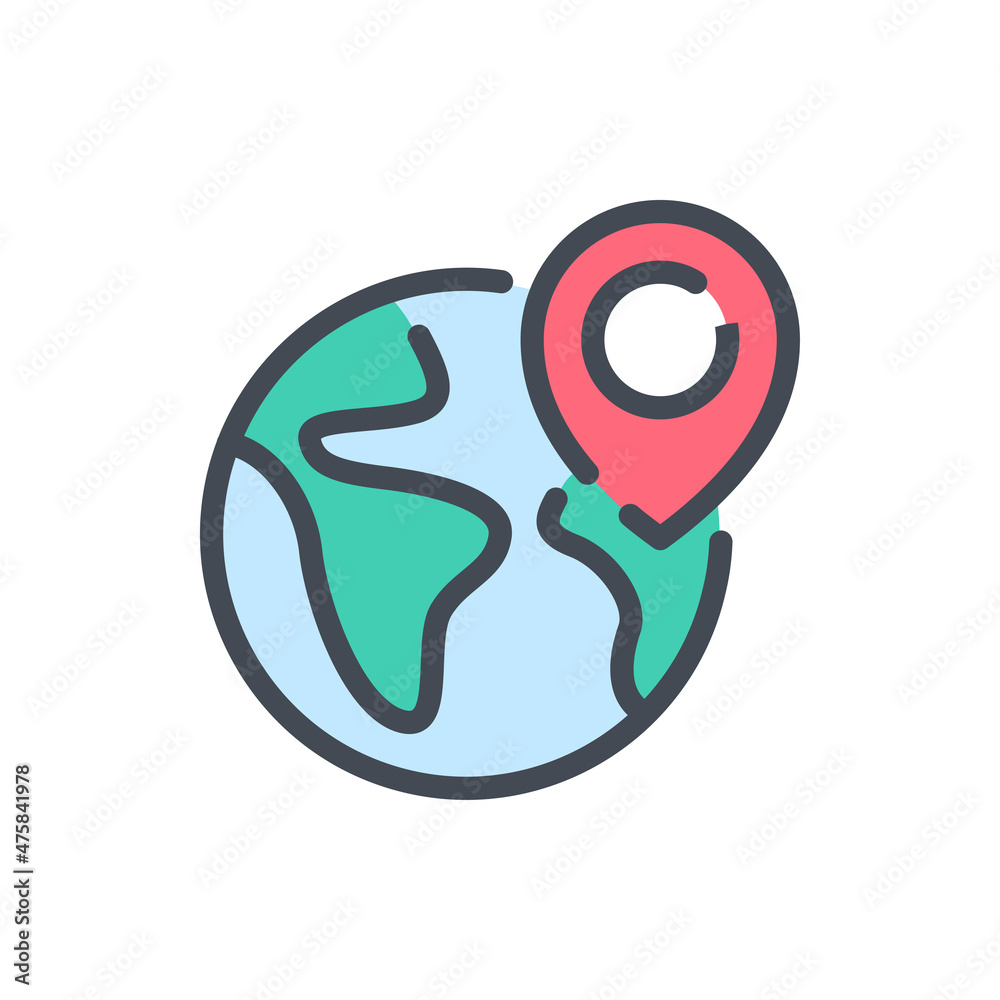 Location and destination color line icon. Earth globe with location pin vector outline colorful sign. Location and destination color line icon. Earth globe with location pin vector outline colorful sign.