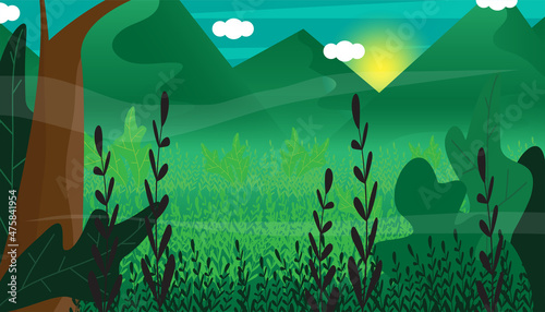 Beautiful landscape of nature green forest and farmland with mountain and sky vector illustration.