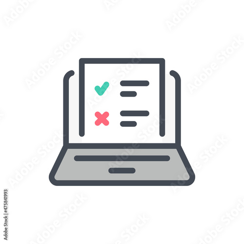 Online survey color line icon. Laptop with document and test result vector outline colorful sign.