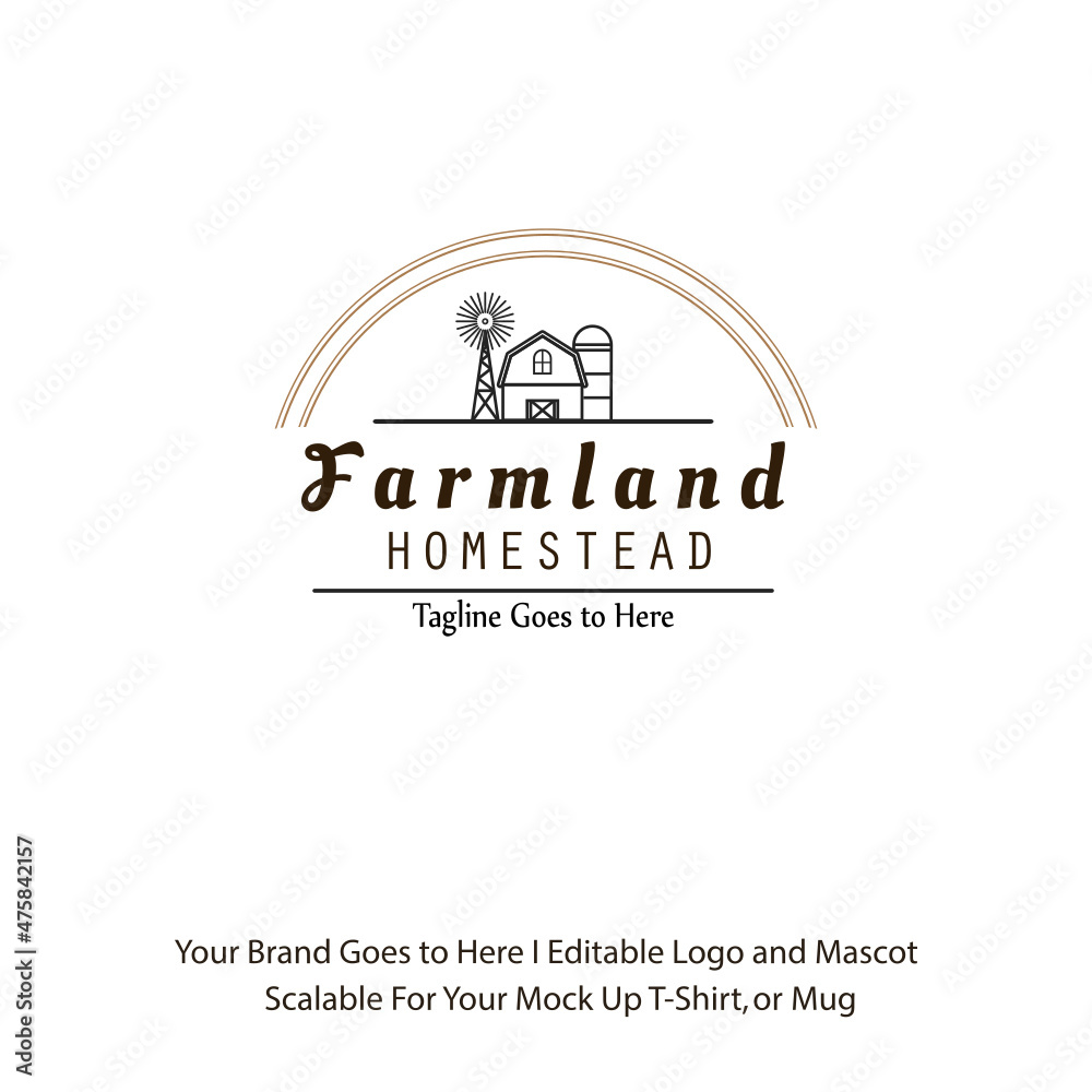 Farm House concept logo. Colored template with farm landscape. Label in ...