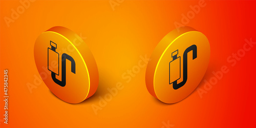 Isometric Car muffler icon isolated on orange background. Exhaust pipe. Orange circle button. Vector