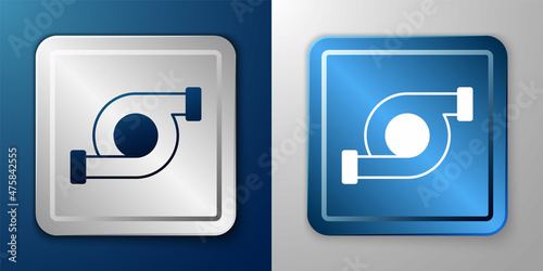 White Automotive turbocharger icon isolated on blue and grey background. Vehicle performance turbo. Turbo compressor induction. Silver and blue square button. Vector