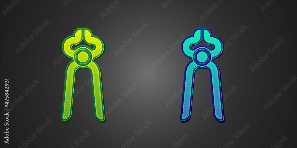 Green and blue Blacksmith pliers tool icon isolated on black background. Vector Green and blue Blacksmith pliers tool icon isolated on black background. Vector