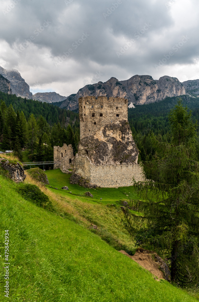 Castello di Andraz castle ruins bellow Passo Falzarego in Dolomites mountains in Italy