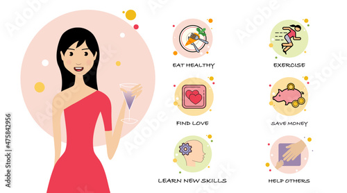 Happy young woman celebrates New Year with list of New Years Resolutions.